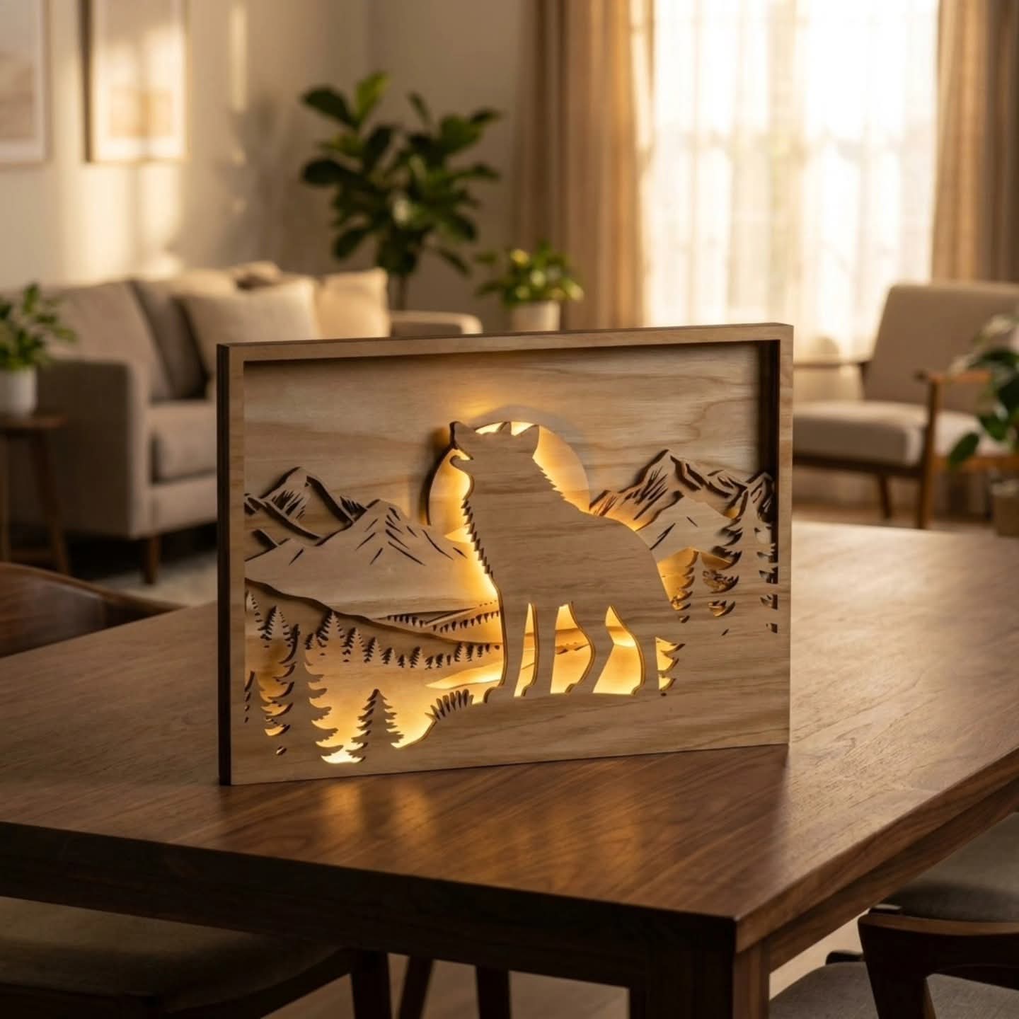 Wolf-Lichtbox aus Holz mit LED-Beleuchtung