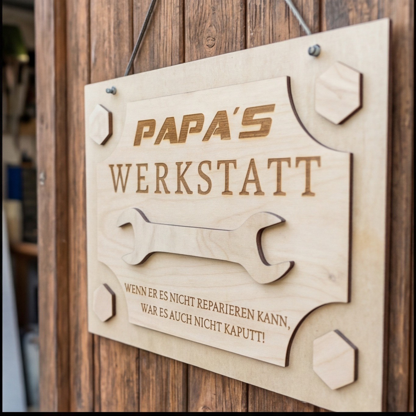 Personalisierte Werkstatttafel aus Holz – Papas Werkstatt
