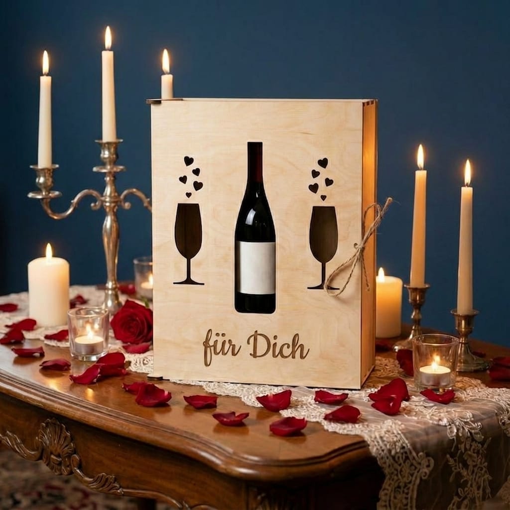 Personalisierte Wein-Geschenkbox aus Holz mit Weinflasche & Gläsern