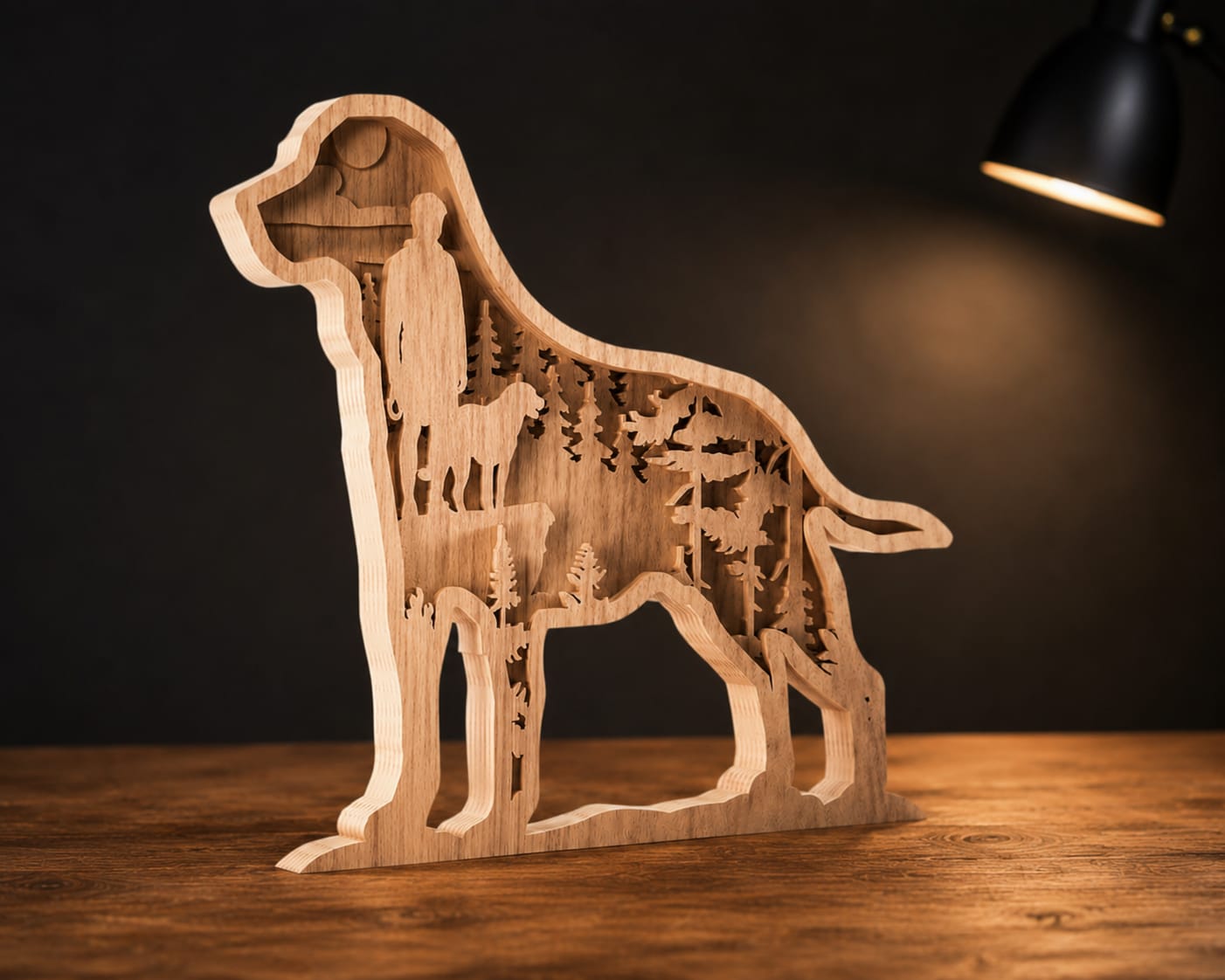 3D Hund aus Holz mit Waldmotiv