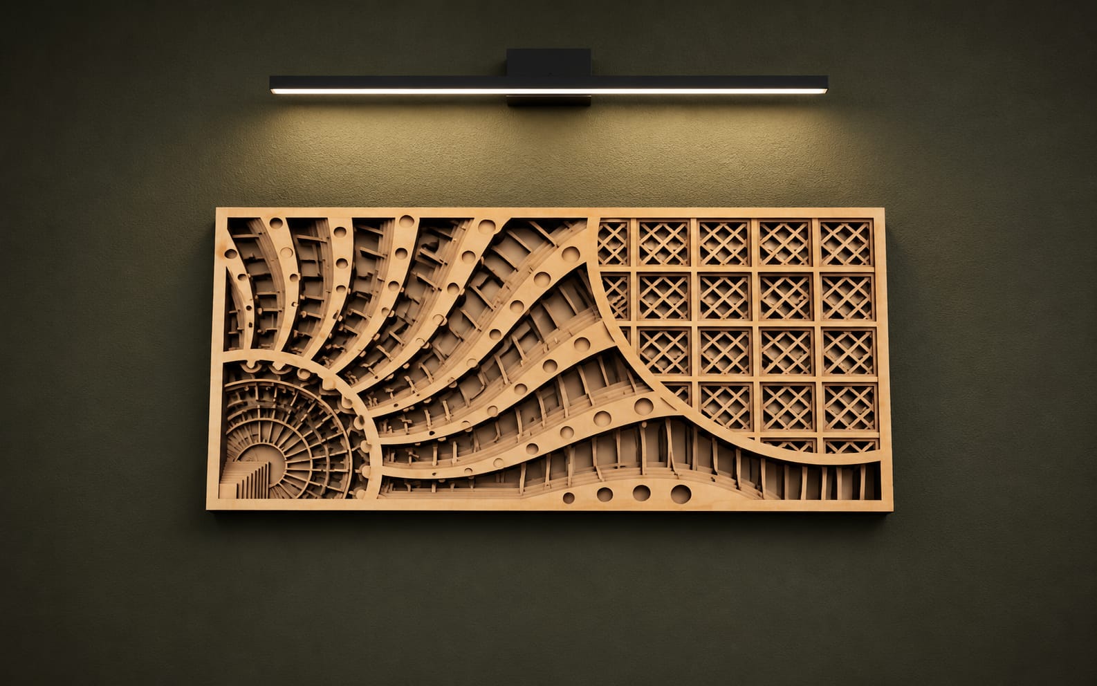 Geometrisches Holzkunstwerk – Abstrakte Wanddekoration