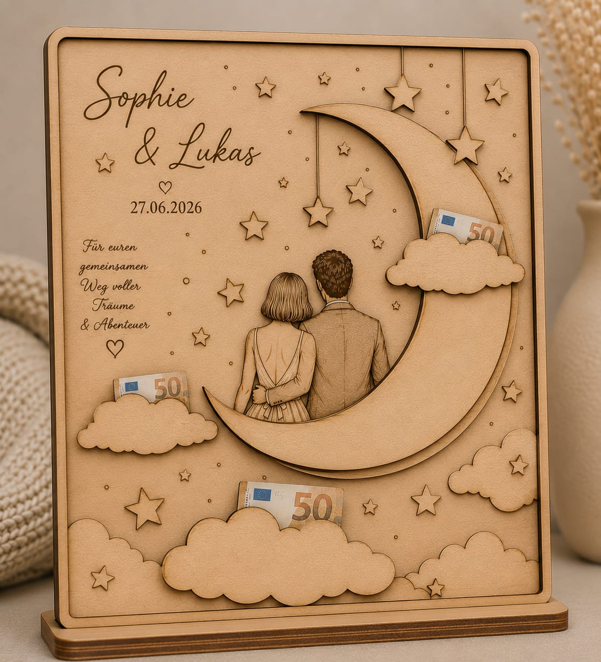 Personalisiertes Hochzeits-Geldgeschenk aus Holz