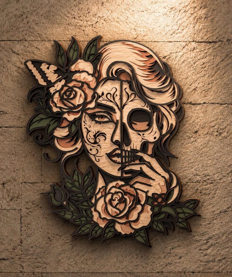 Halloween-Wanddeko mit Totenkopf und Rosen