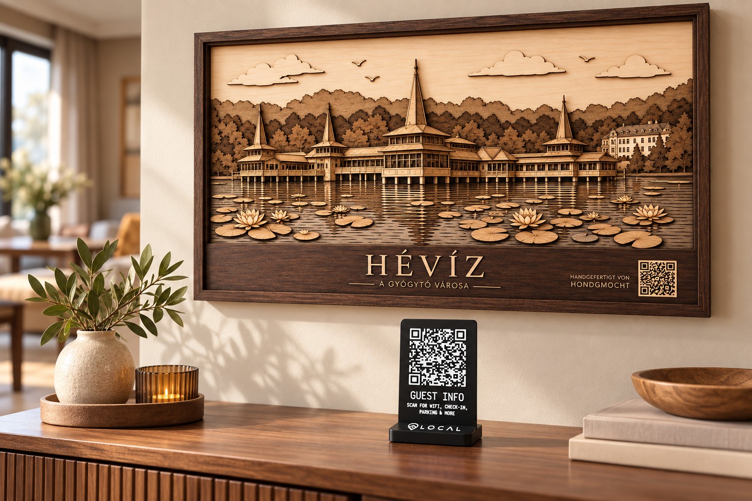 Custom QR presentation with a Hévíz wood artwork and a LOCAL QR stand in a guest property