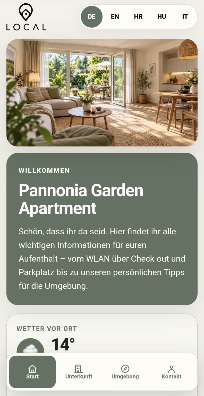 LOCAL Gästemappe des Pannonia Garden Apartments mit Sprachwahl, Titelbild, Begrüßung und mobiler Navigation