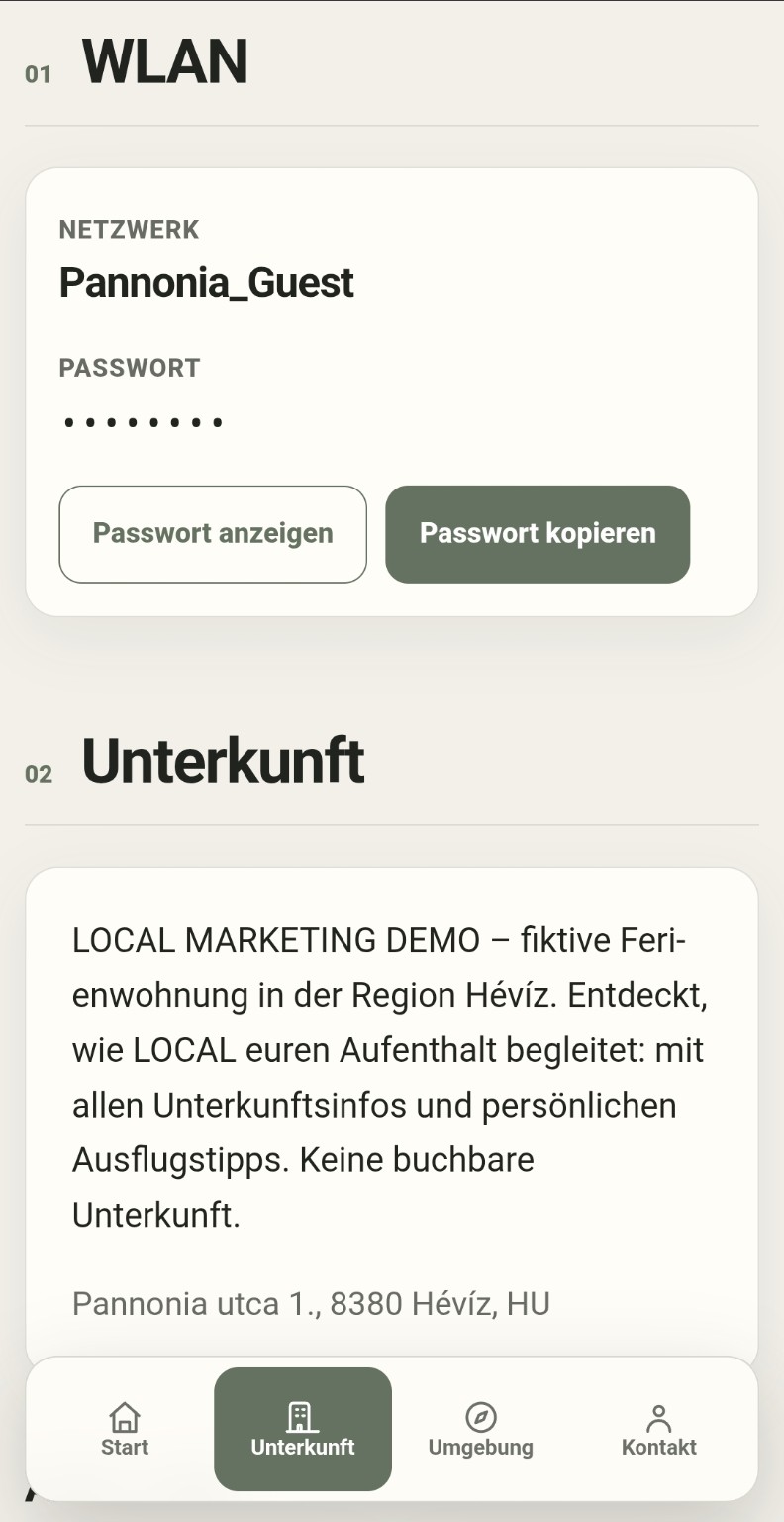 LOCAL Gästemappe mit WLAN-Netzwerk, geschütztem Passwort sowie Schaltflächen zum Anzeigen und Kopieren