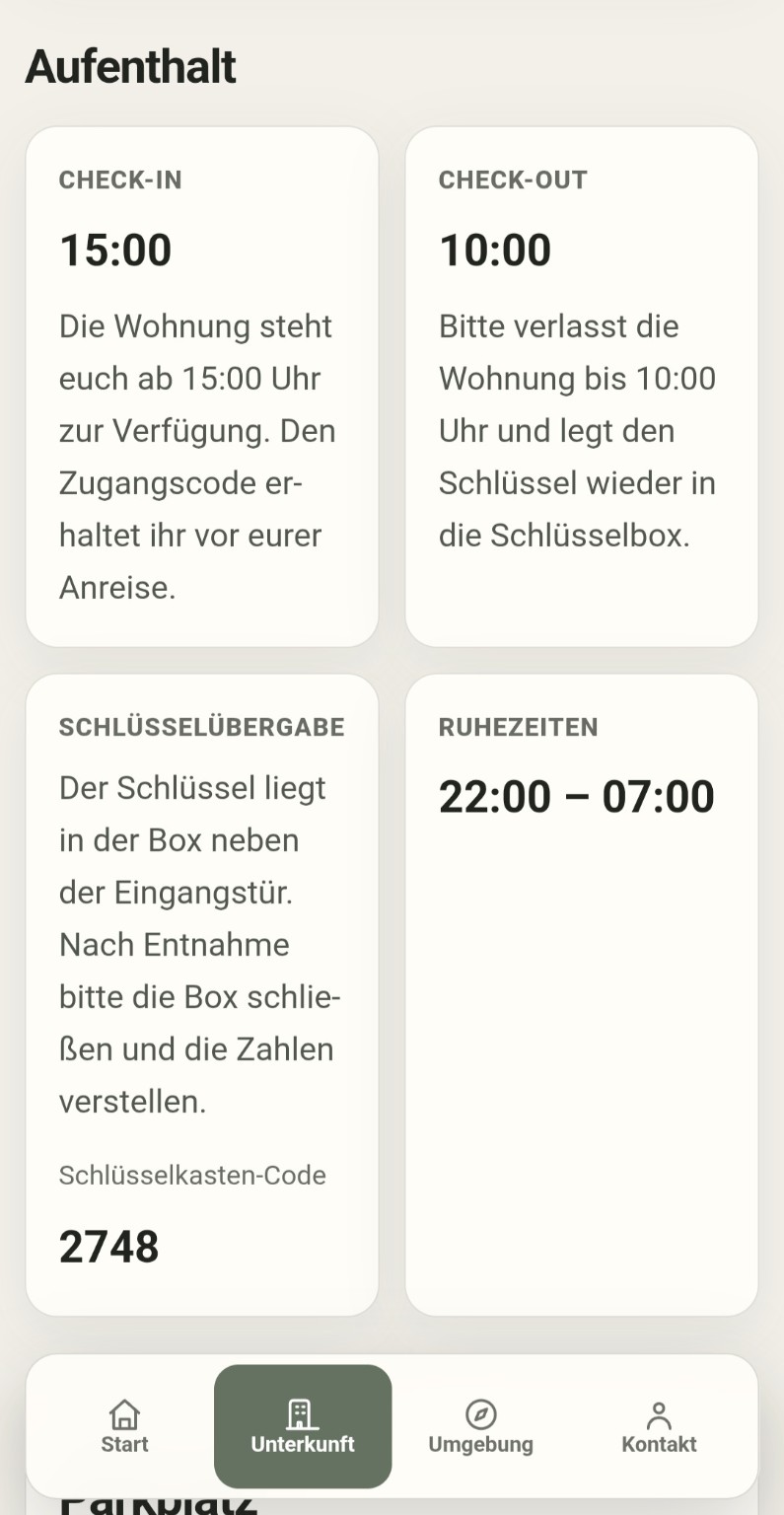 LOCAL Gästemappe mit Check-in, Check-out, Schlüsselübergabe, Schlüsselbox-Code und Ruhezeiten