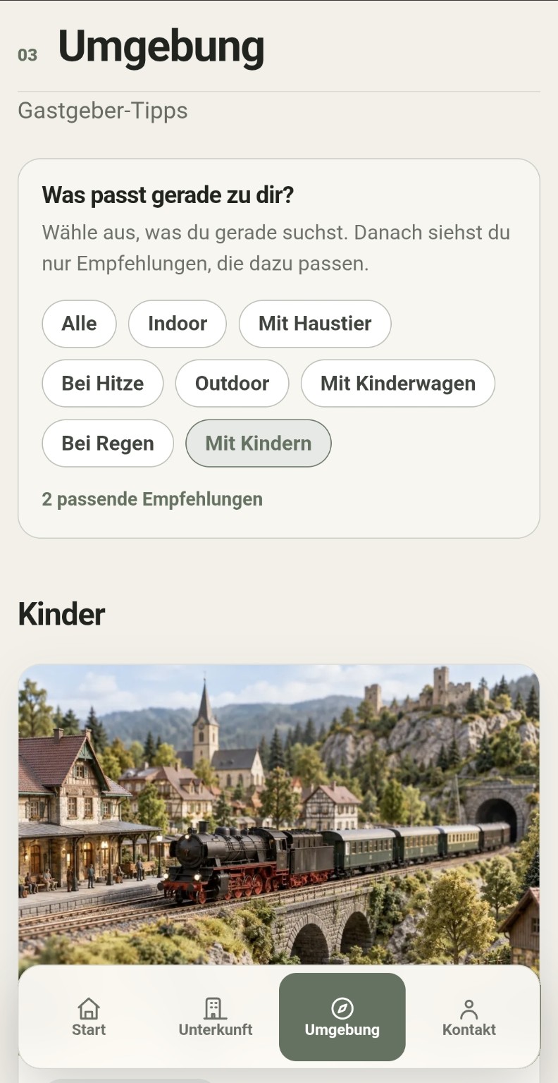 LOCAL Gästemappe mit Situationsfiltern für Empfehlungen, darunter Mit Kindern, Bei Regen, Indoor, Outdoor und Mit Haustier