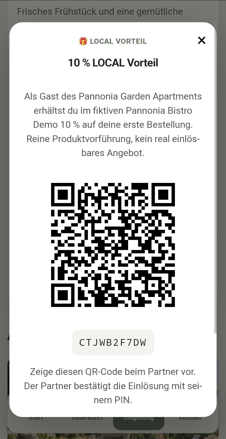 Geöffneter LOCAL Vorteil Voucher mit 10 Prozent Vorteil, QR-Code und Voucher-Code
