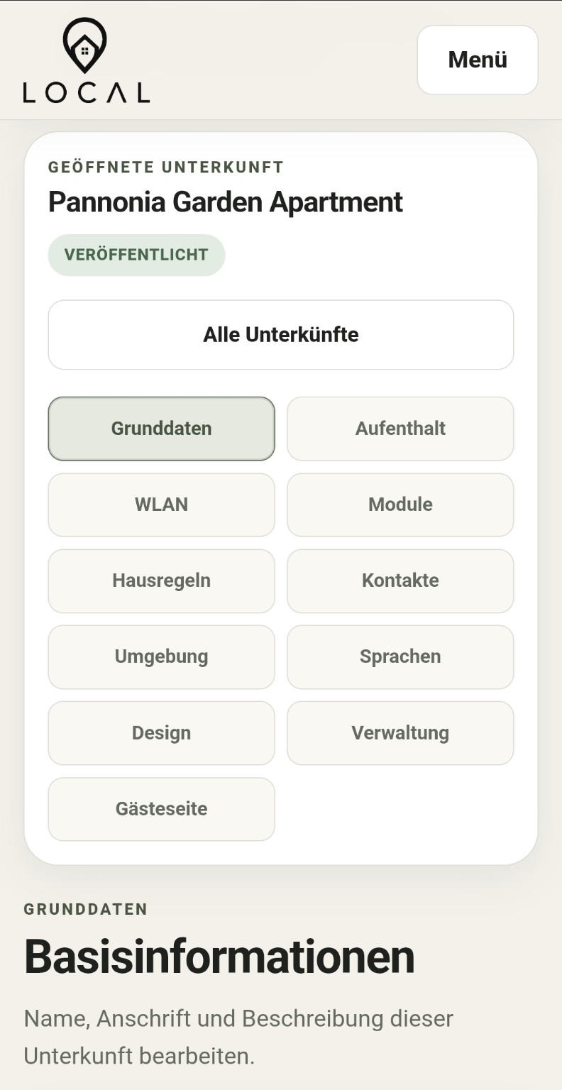 LOCAL Host-Verwaltung für das Pannonia Garden Apartment mit zentralen Bereichen für Grunddaten, Aufenthalt, WLAN, Module, Umgebung, Sprachen, Design, Verwaltung und Gästeseite