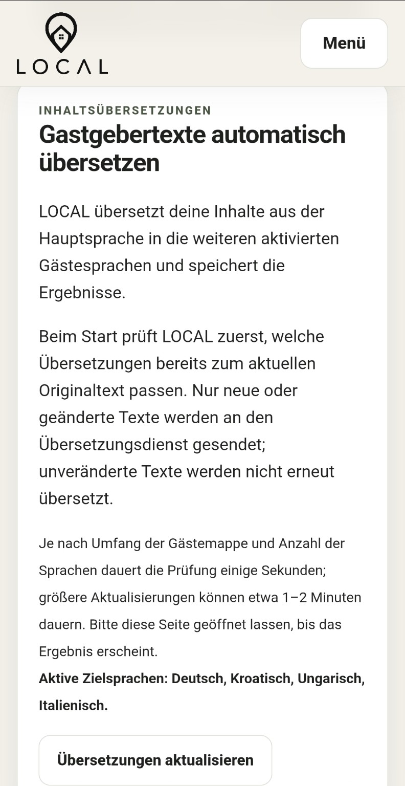 LOCAL Host-Bereich zur automatischen Übersetzung von Gastgebertexten in aktivierte Gästesprachen