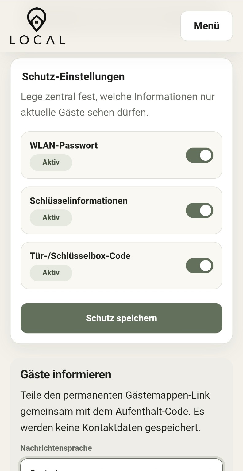 LOCAL Schutzeinstellungen für WLAN-Passwort, Schlüsselinformationen und Tür- oder Schlüsselbox-Code