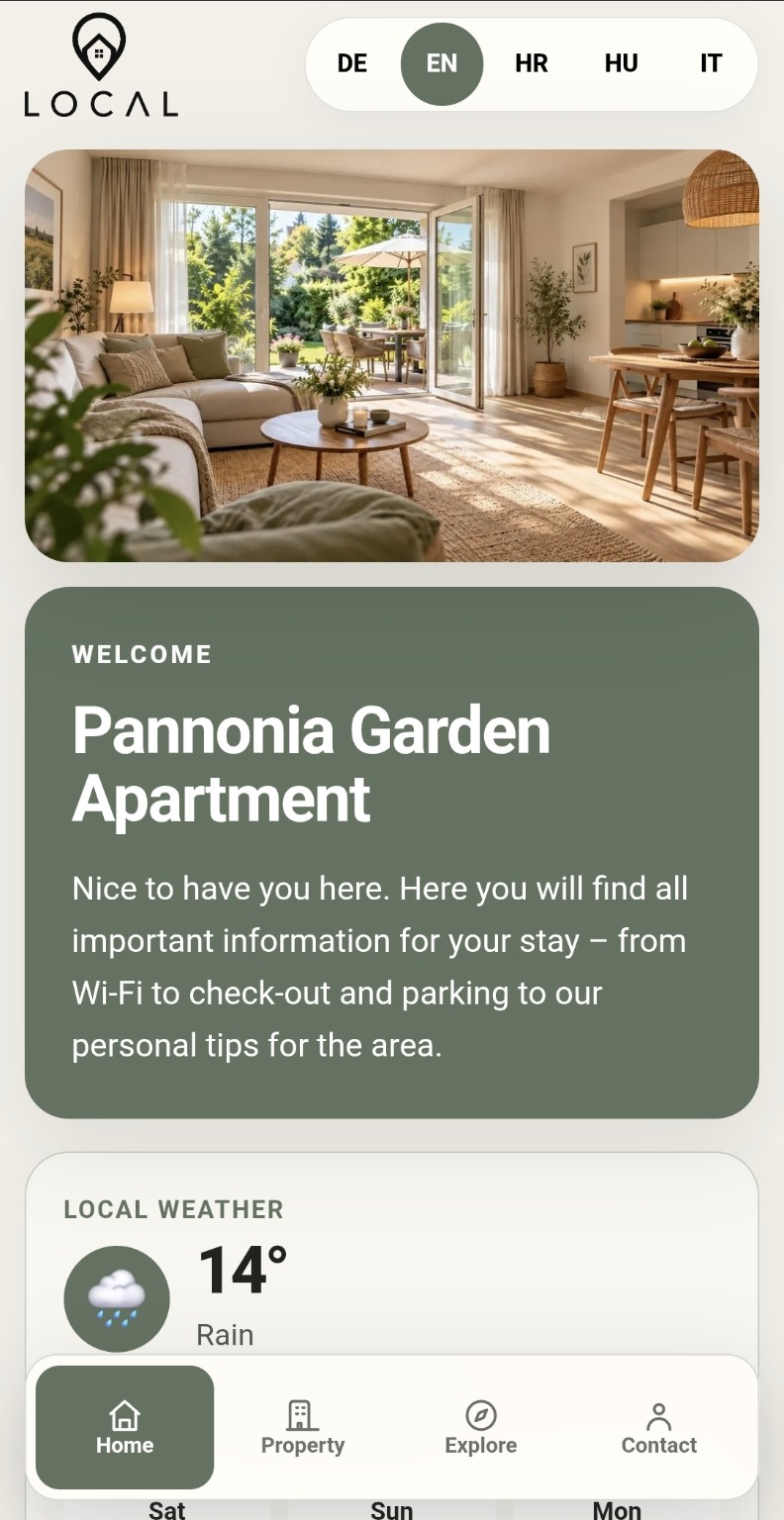 LOCAL guest guide for Pannonia Garden Apartment with language selection, cover image, welcome message and mobile navigation