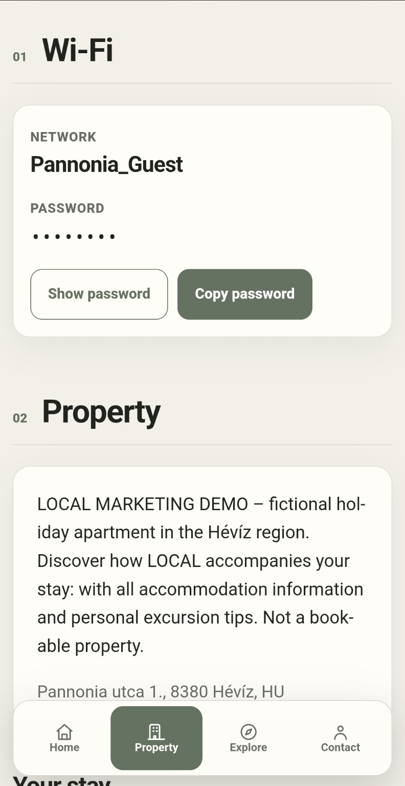 LOCAL guest guide with Wi-Fi network, protected password and controls to show or copy the password