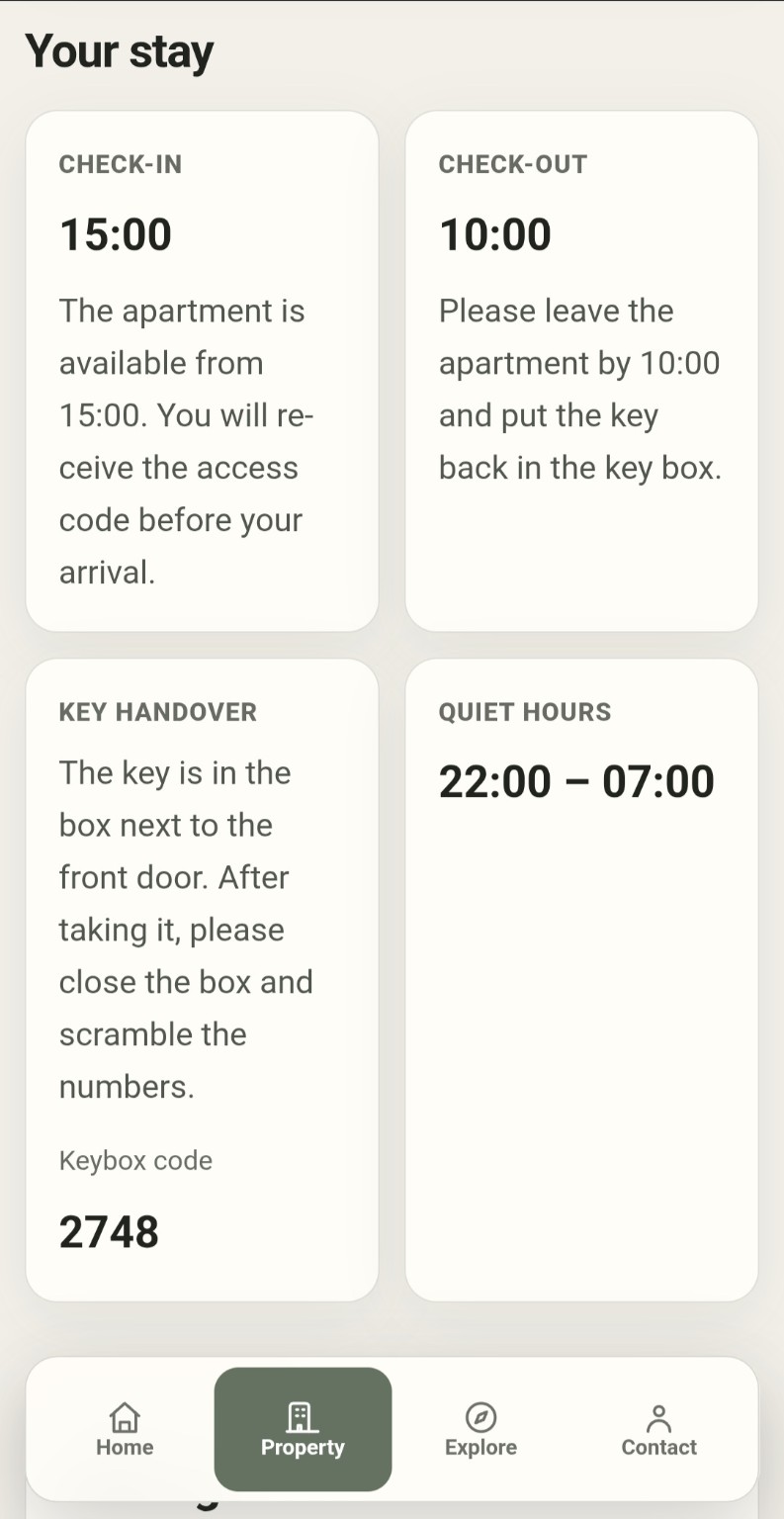 LOCAL guest guide with check-in, check-out, key handover, keybox code and quiet hours
