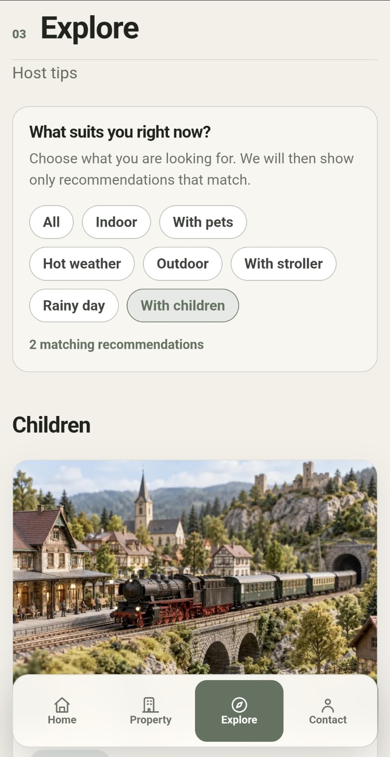 LOCAL guest guide with recommendation filters including With children, Rainy day, Indoor, Outdoor and With pets