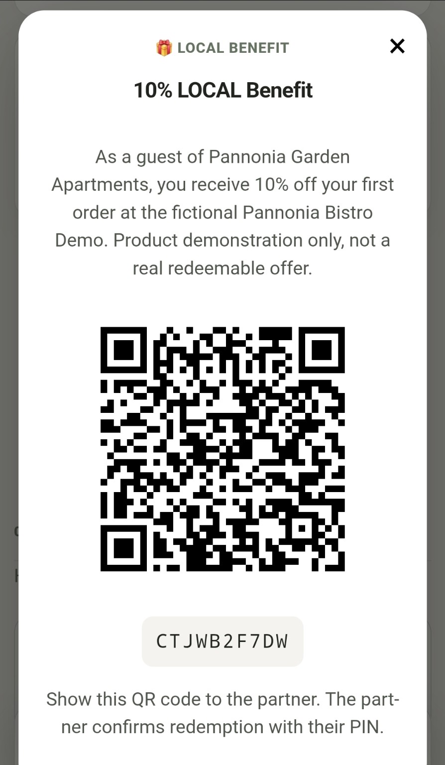 Open LOCAL Benefit voucher with 10 percent benefit, QR code and voucher code