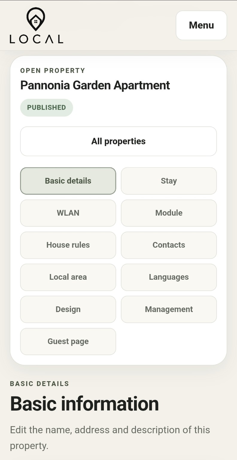 LOCAL host dashboard for Pannonia Garden Apartment with sections for basic details, stay, Wi-Fi, modules, local area, languages, design, management and guest page
