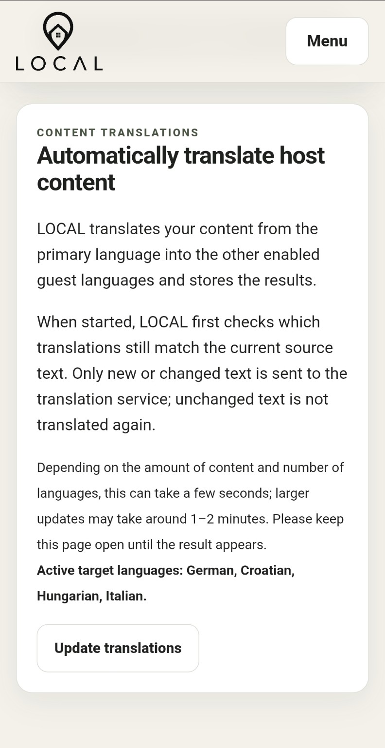 LOCAL host interface for automatically translating host content into enabled guest languages