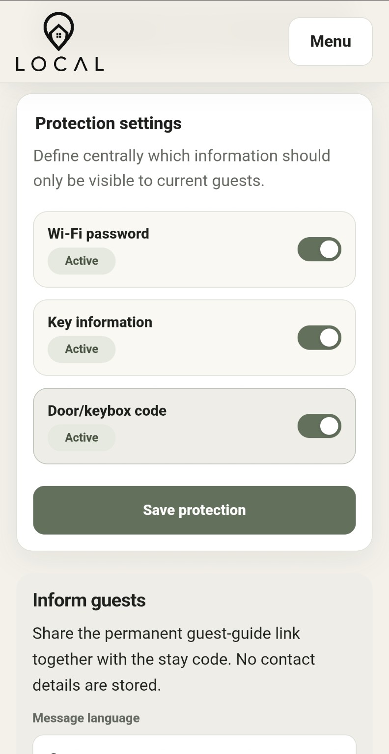 LOCAL protection settings for Wi-Fi password, key information and door or keybox code